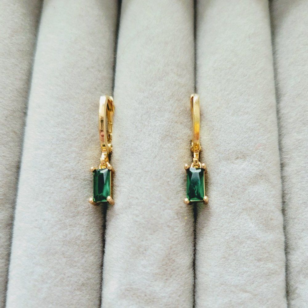 7/$35 Gold Tone Green Rhinestone Huggies - Picture 7 of 7